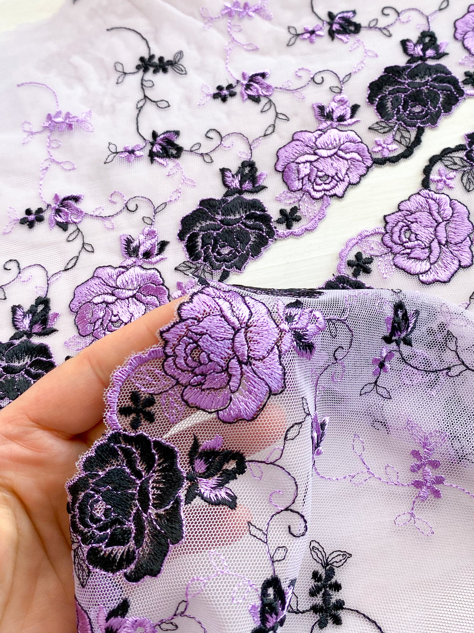 Embroidered Tulle Lace | Gothic Rose Purple (mirrored) – Emerald Erin