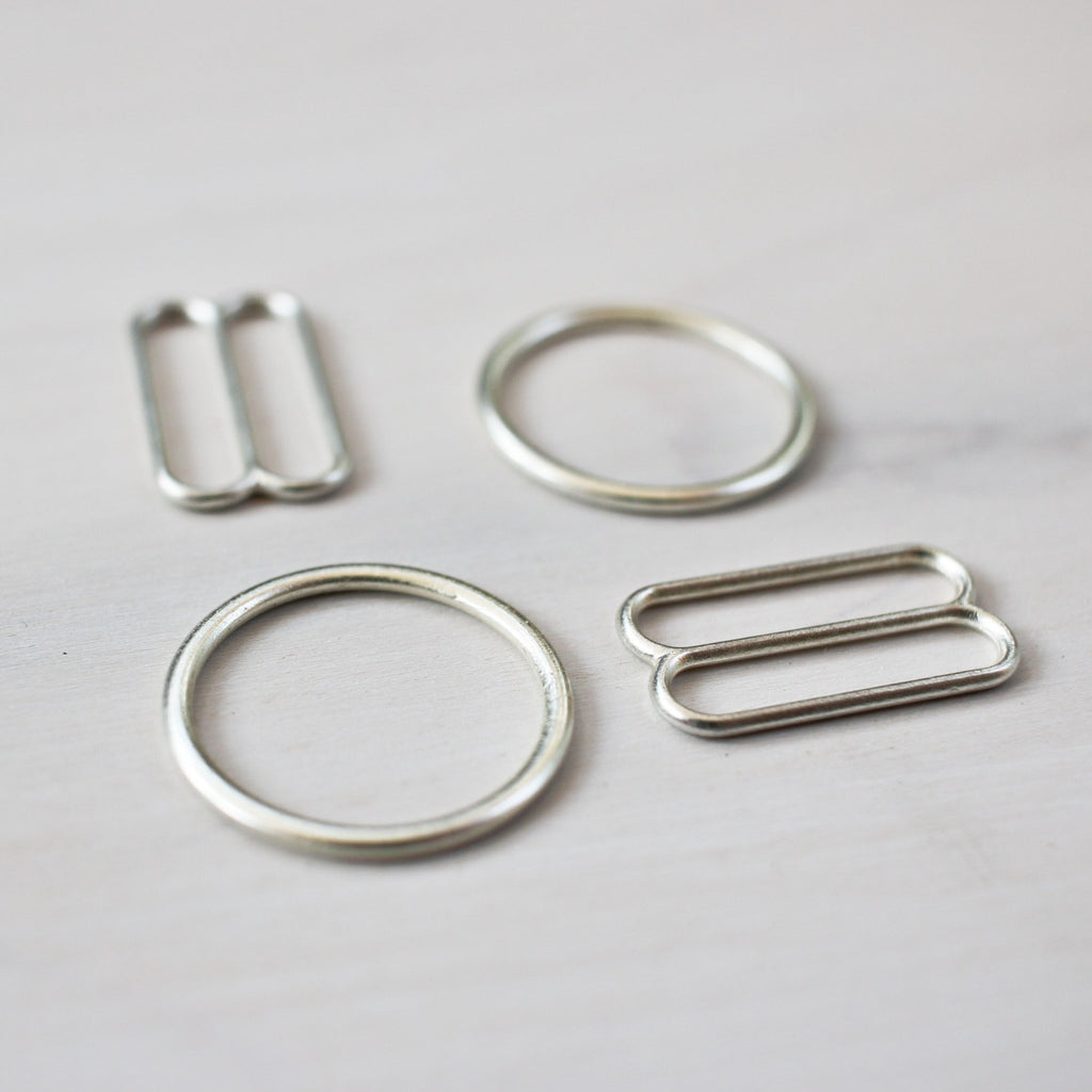 sliders and rings, bra hardware, silver metallic, metal, 1/2" (12mm) or 3/4" (20mm)